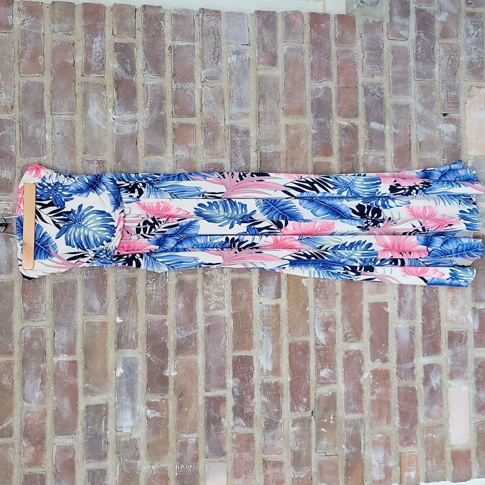 Blue and Pink Palm Strapless Maxi Dress